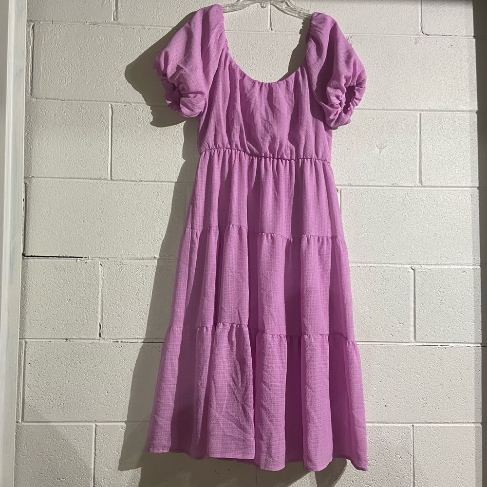 Ophelia Roe Pink Ruffled Maxi Dress with Puffy Sleeves